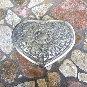 Vintage Ornate Silver Tone Heart Trinket Box with Four Feet